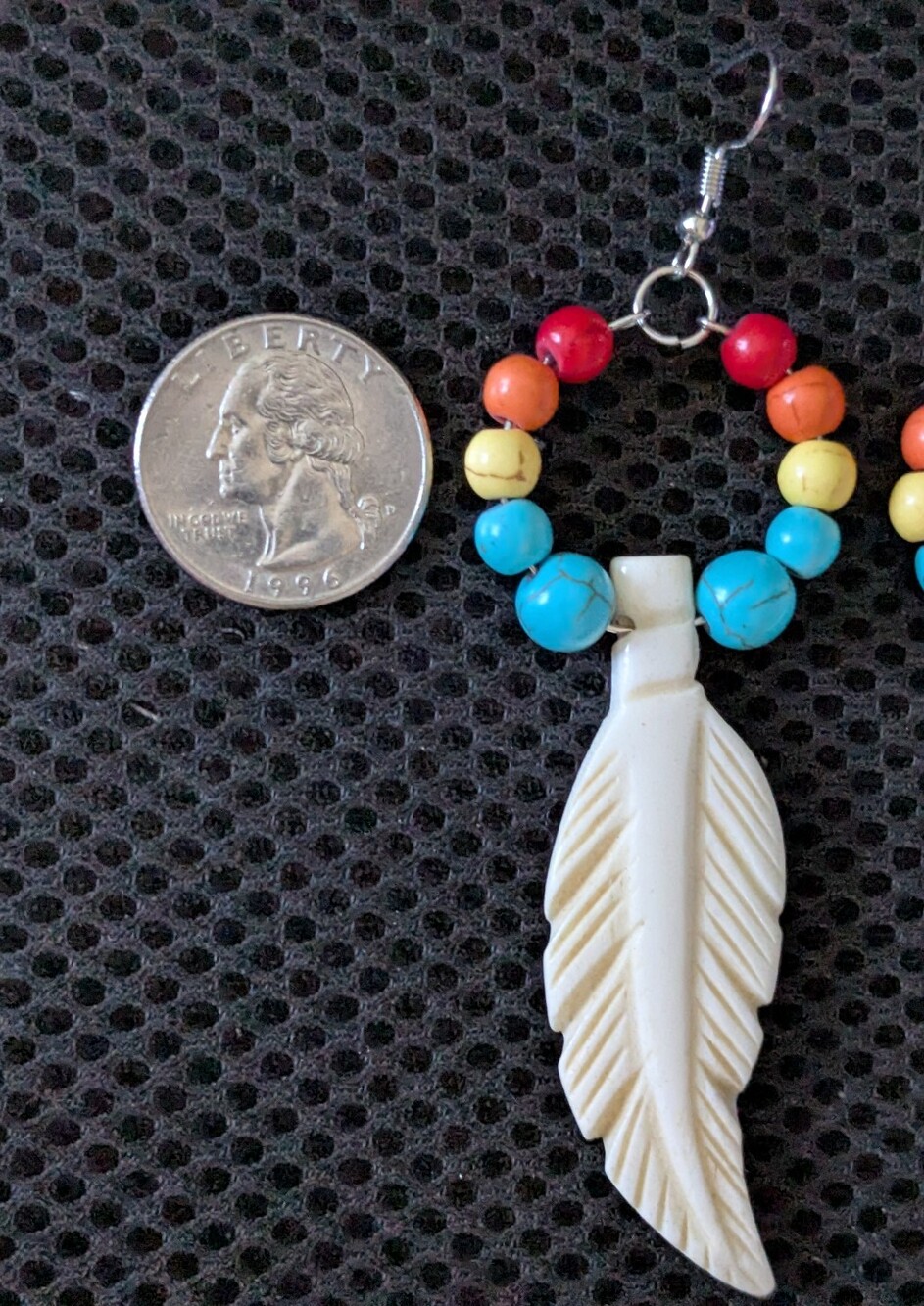 Native American Large Bone Carved Feather With Multicolor Beads Earrings - Picture 2 of 6
